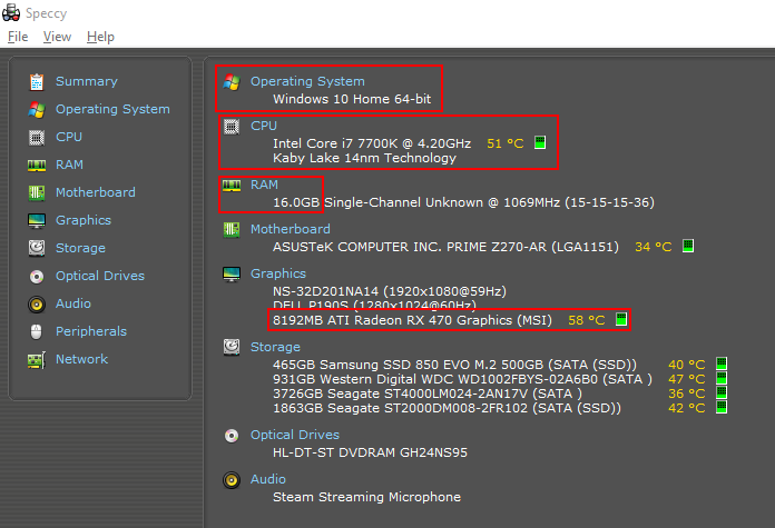 Use Speccy to find OS, CPU, RAM, and GPU