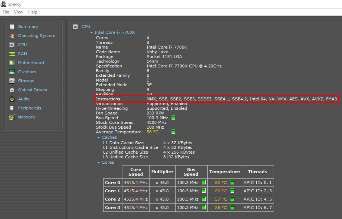 Use Speccy to find CPU extension support